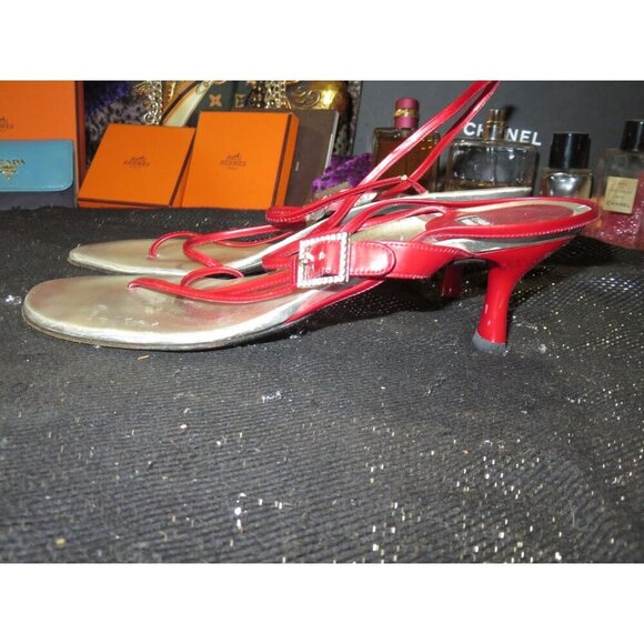 Stuart Weitzman Red Patent Italian Leather Slingback Crystal Embellished Sandals - Picture 1 of 9